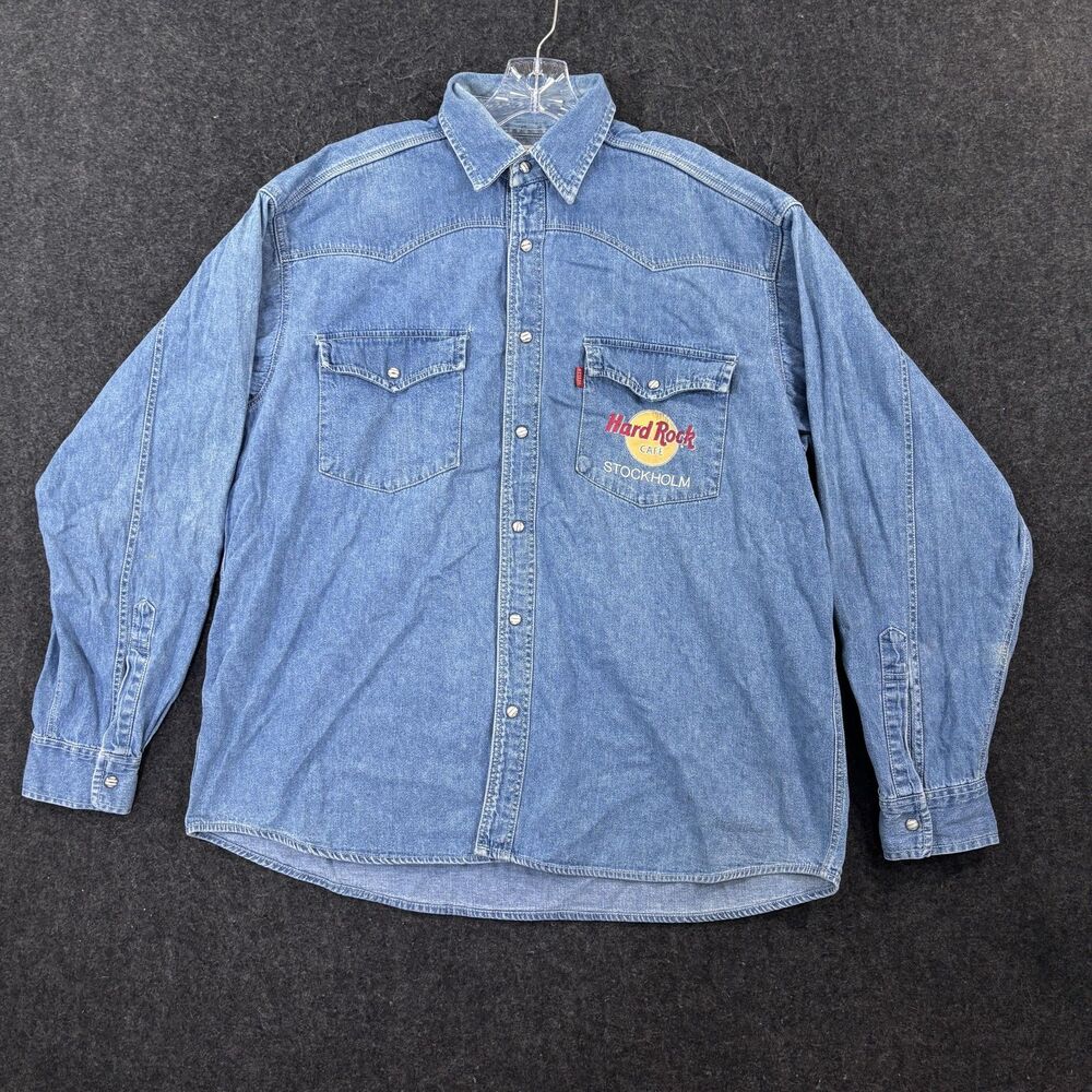 Hard Rock Cafe Shirt Men's Large Blue Denim Stockholm Western Pearl Snap Pockets